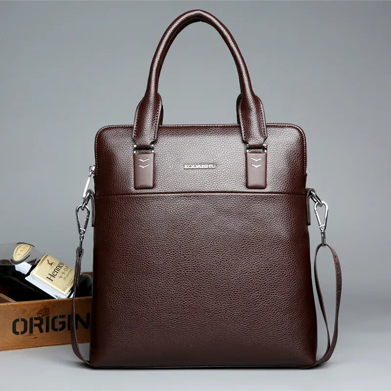 Vintage Vertical Men Briefcase Bag With Zipper High Quality Leather Handbag Casual Shoulder Crossbody File For Male