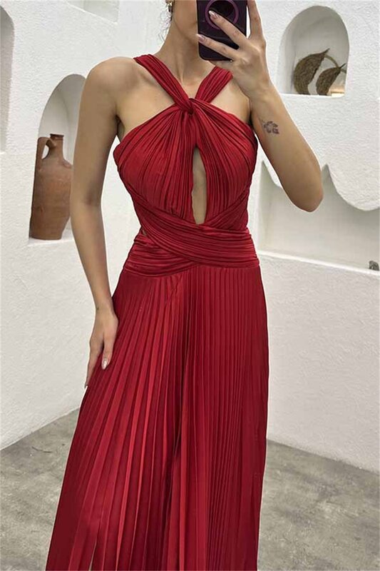 Women Elegant Pleat Chiffon Formal Occasion Dress Sexy Halter Hollow Out Evening Party Gown Chic Lady Cocktail Prom Maxi Dresses