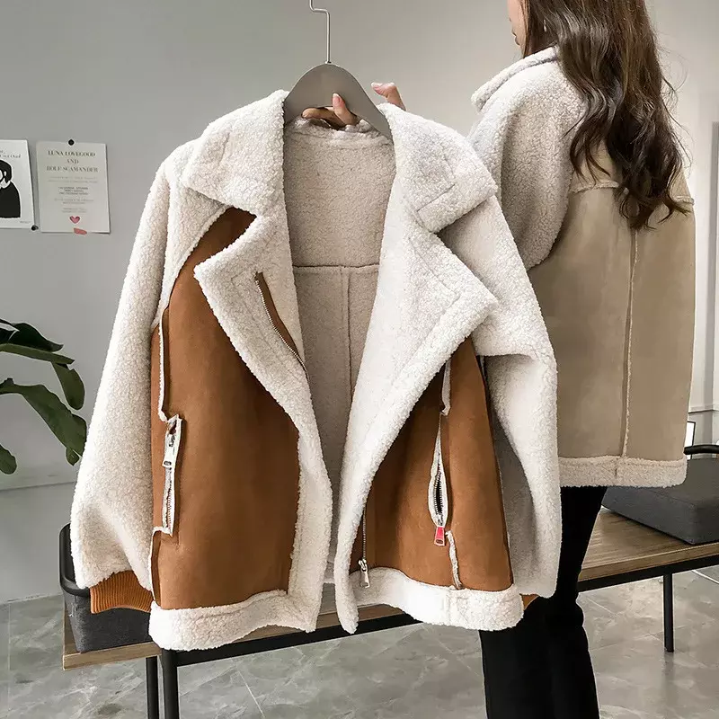 Jaket musim dingin wanita mantel kerah bulu Suede imitasi cantik jaket pengendara sepeda motor Aviator mantel wol domba wanita mantel baru 2023