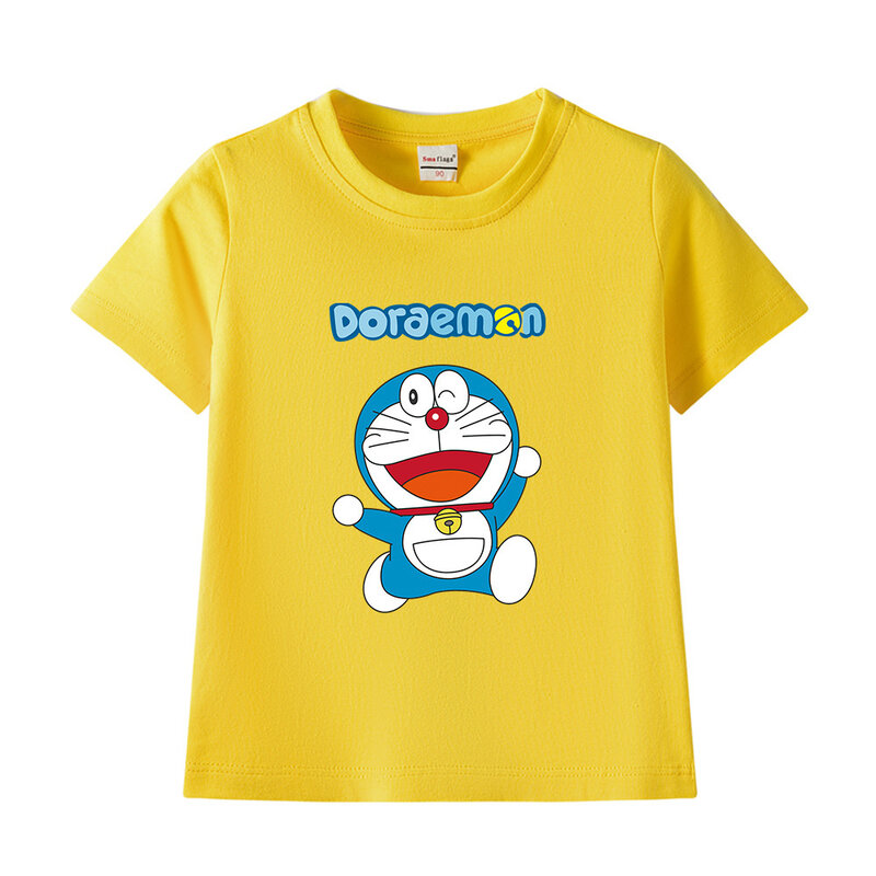 Doraemon dzieci ubrania dla chłopców nadruk kreskówkowy T-shirt z krótkim rękawem dla dzieci letni wypoczynek z okrągłym dekoltem z czystej bawełny Kawaii dla dziewcząt topy