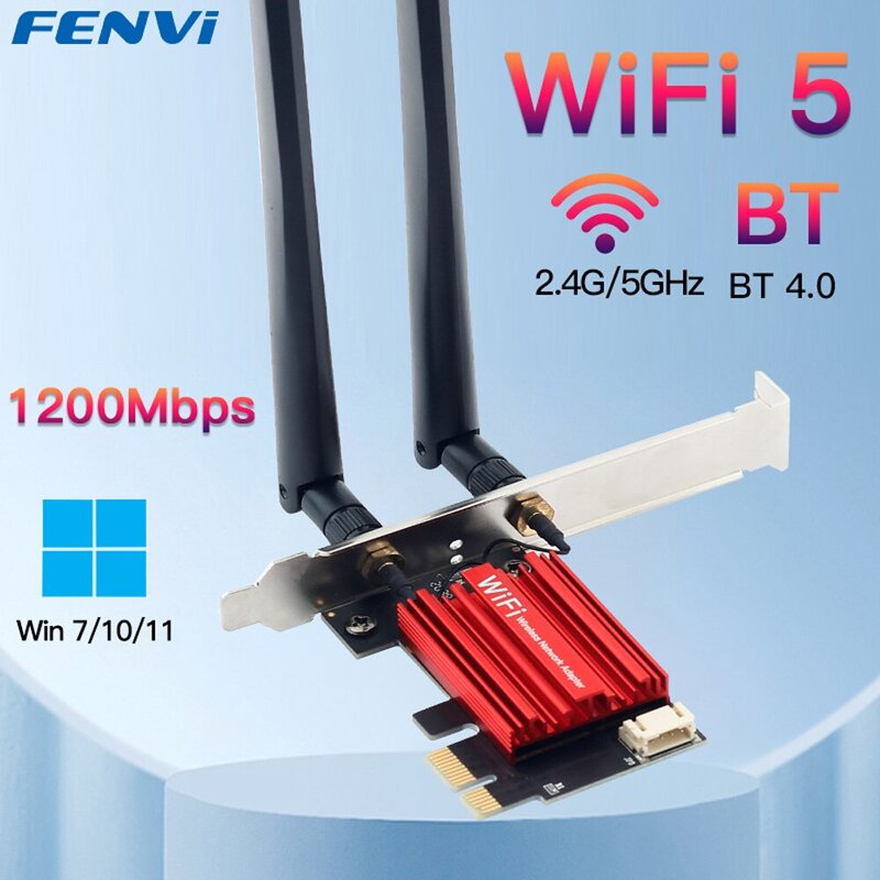 FENVI adaptor nirkabel 5 PCI-E, kartu jaringan AC1200 2.4G/5GHz 802.11AC untuk Bluetooth 4.0 Desktop Windows 7/8/10/11