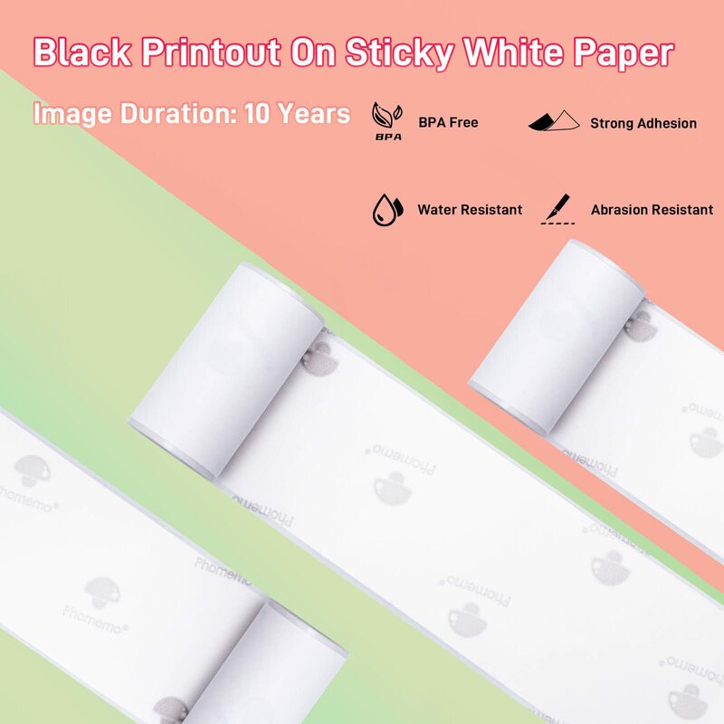 กระดาษความร้อนสีขาว T02เหนียวสำหรับ T02ของ phomemo เครื่องพิมพ์พกพาขนาดเล็กมีกาวในตัว Paper-10-Years-50mmx3.5m กระดาษสีขาว3ม้วน