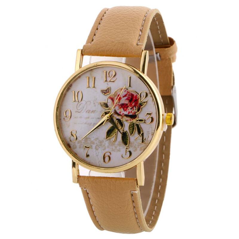 ساعة يد نسائية كوارتز بسوار من الجلد الصناعي ، زهرة وردة عربية ، قرص دائري ، رقم