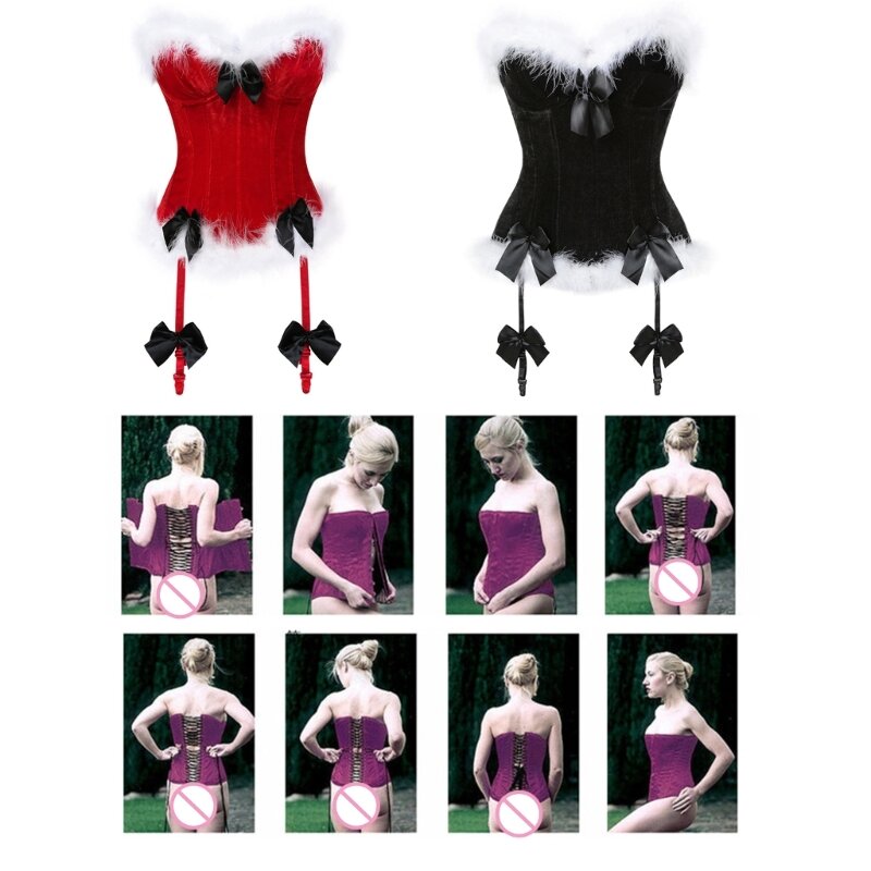 Womens Overbust Corset Bustier Lingeries Bodyshaper Tops Christmas Costume Feathers Bowknot Crop Tops Dropship
