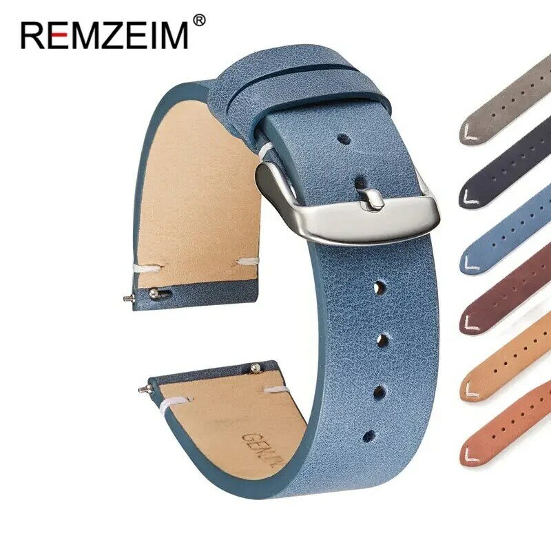REMZEIM-correa de piel de becerro para reloj, correas de liberación rápida de 18mm, 20mm y 22mm, cinturón marrón oscuro, gris, negro, azul, verde