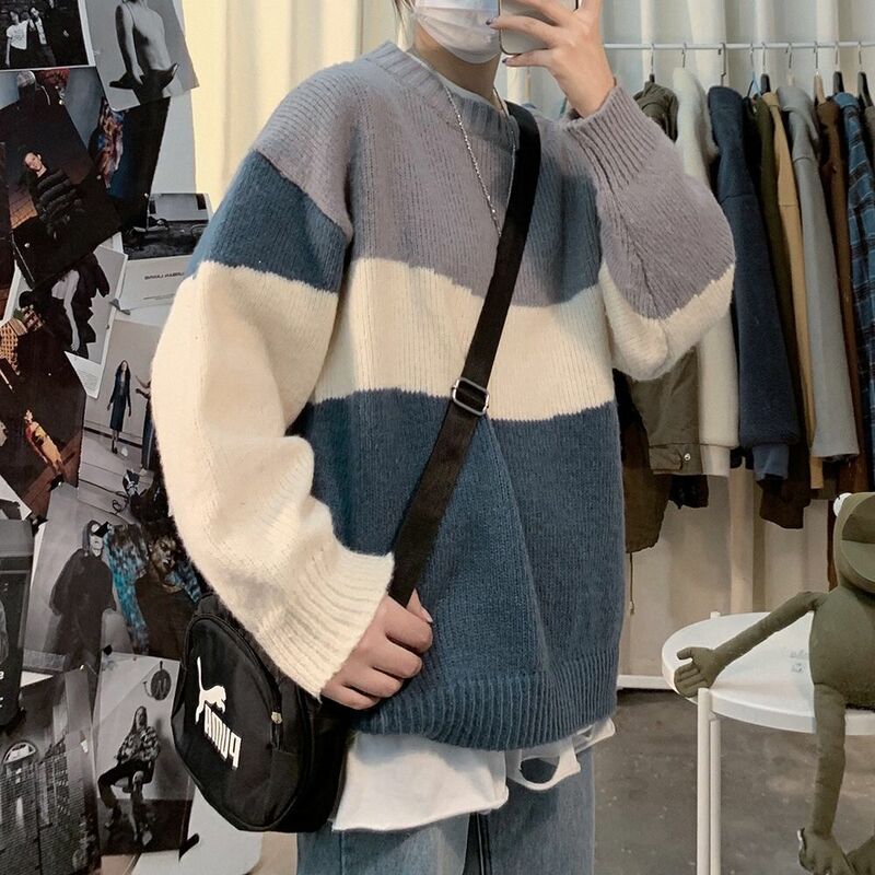 Fashion O-Neck Spliced Loose All-match Color Sweater Men's Clothing 2023 Autumn Winter New Casual Pullovers Korean Tops