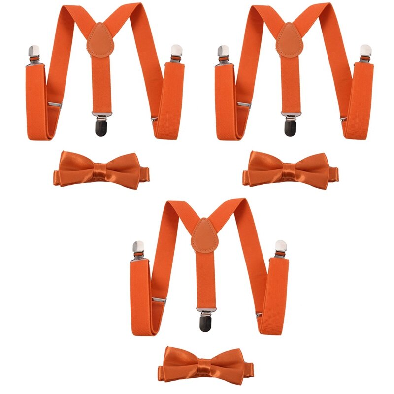 3X Children Kids Boys Girls Clip-On Suspenders Elastic Adjustable Braces With Cute Bow Tie Orange
