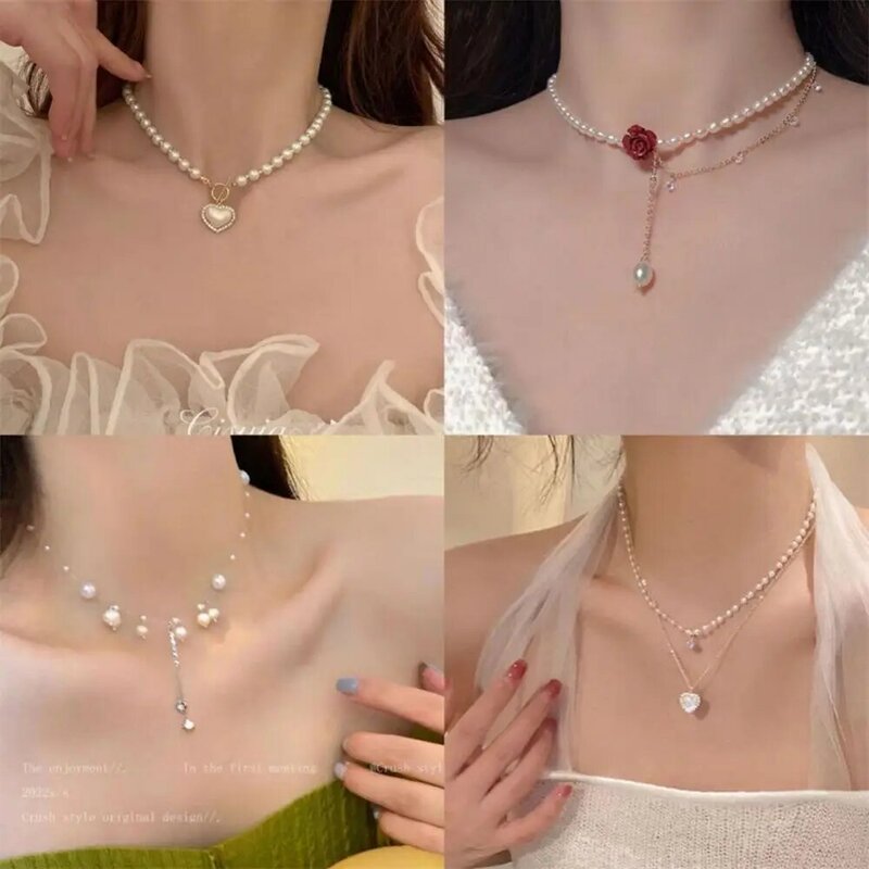 2~8PCS New Fashion Hearts Choker Necklace Cute Metal Multi-layer Sweater Chain Pendant Sweet Crystal For Women Jewelry  Girl