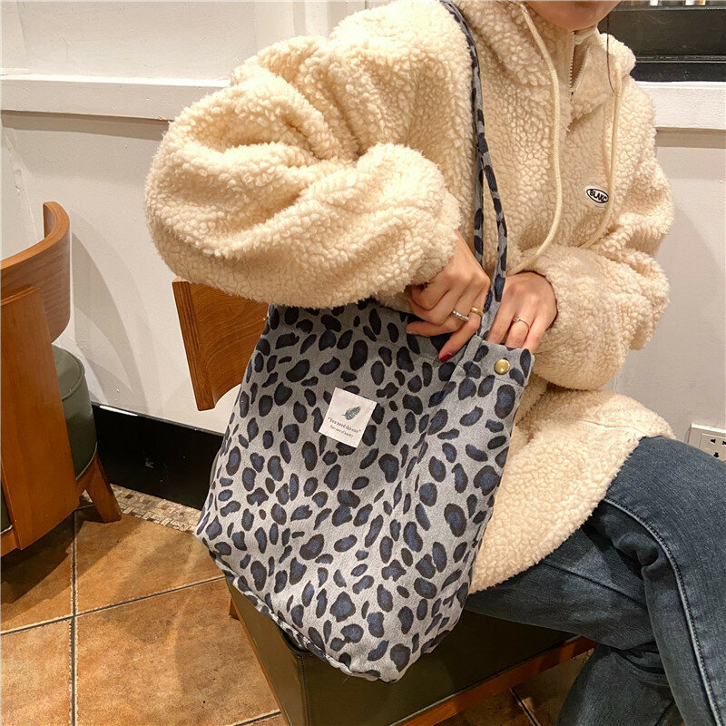 Corduroy Leopard Stripes Shoulder Bag Large Capacity Corduroy Canvas Bag Handbag Travel Totes Bag Ladies Reusable Shopping Bag
