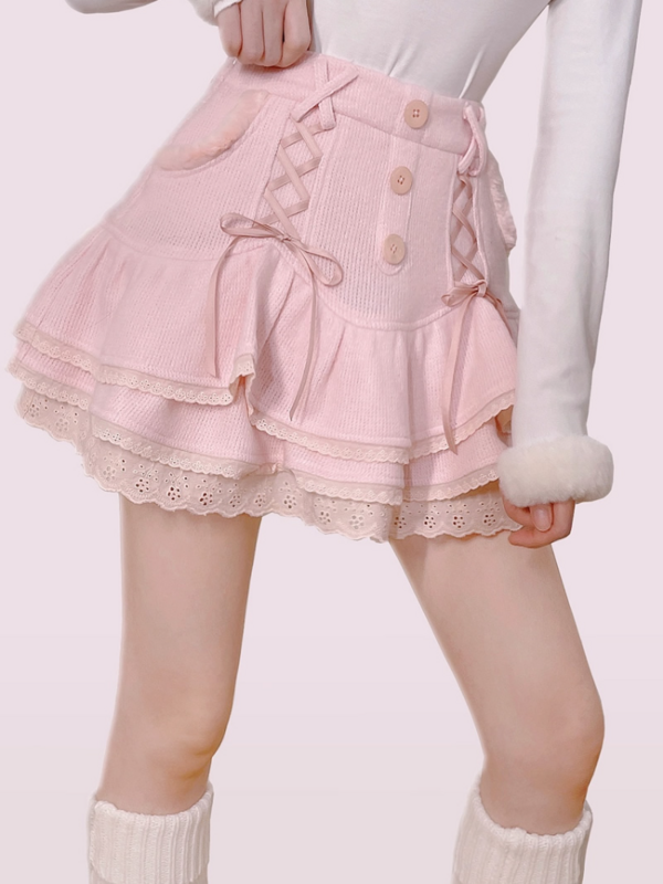 Japanse Kawaii Lolita Mini Rok Vrouwen Winter Kant Casual Elegante Zoete Vrouw Rok Hoge Taille Bandage Koreaanse Rok 2024 Nieuw