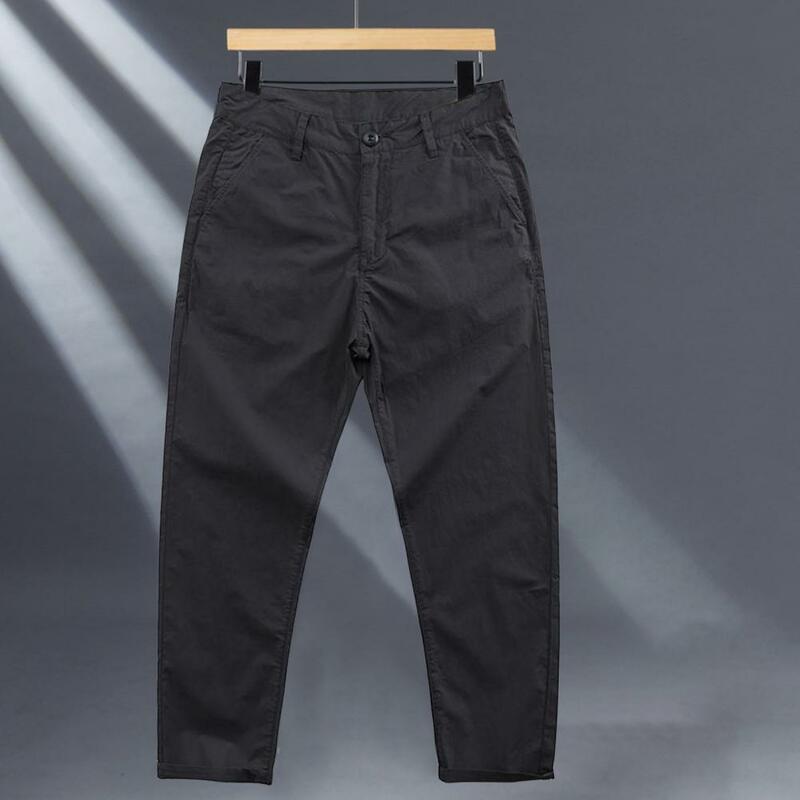 Брюки мужские мягкие дышащие однотонные, повседневные девятые штаны с пуговицами, застежкой-молнией и карманами