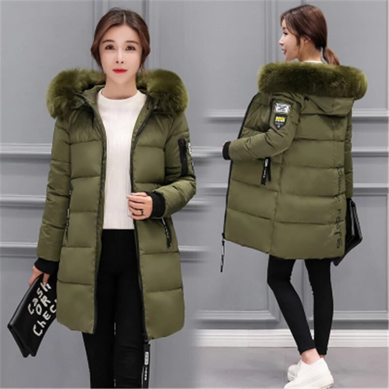 2023 Women Winter Jacket Parka Big Fur Collar Hooded Thick Warm Long Female Coat Casual Outwear Down Cotton Jacket Parkas