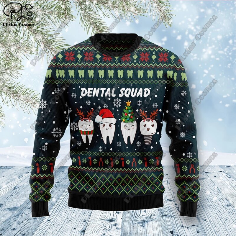 Suéter con estampado 3D de elementos navideños, suéter con patrón de árbol de Navidad, Papá Noel, arte feo, calle informal, S-5 de invierno