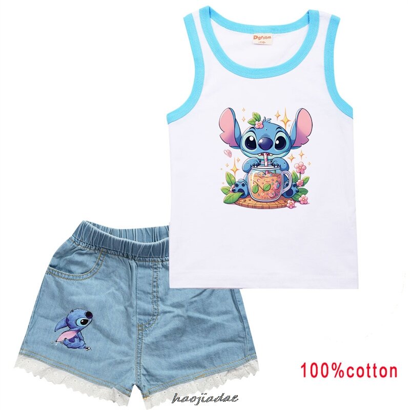 Hot Lilo And Stitch Clothes Toddler Girls Casual Outfits Boys Summer Clothing Kids Cotton T-shirts Vest + Denim Shorts 2pcs Sets