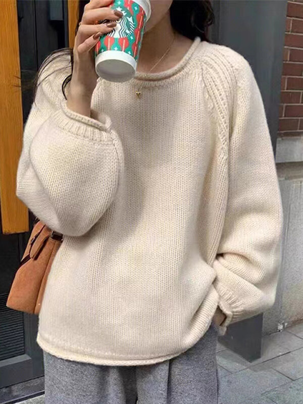 Harajuku-suéter de manga larga suelto para mujer, suéteres de punto coreanos, Tops suaves y cálidos, suéter sólido elegante para mujer, Otoño e Invierno
