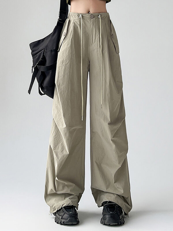 Pantaloni Cargo di colore solido di base con coulisse Chic americani pantaloni sportivi femminili semplici casuali a vita alta dritti di moda estiva da donna