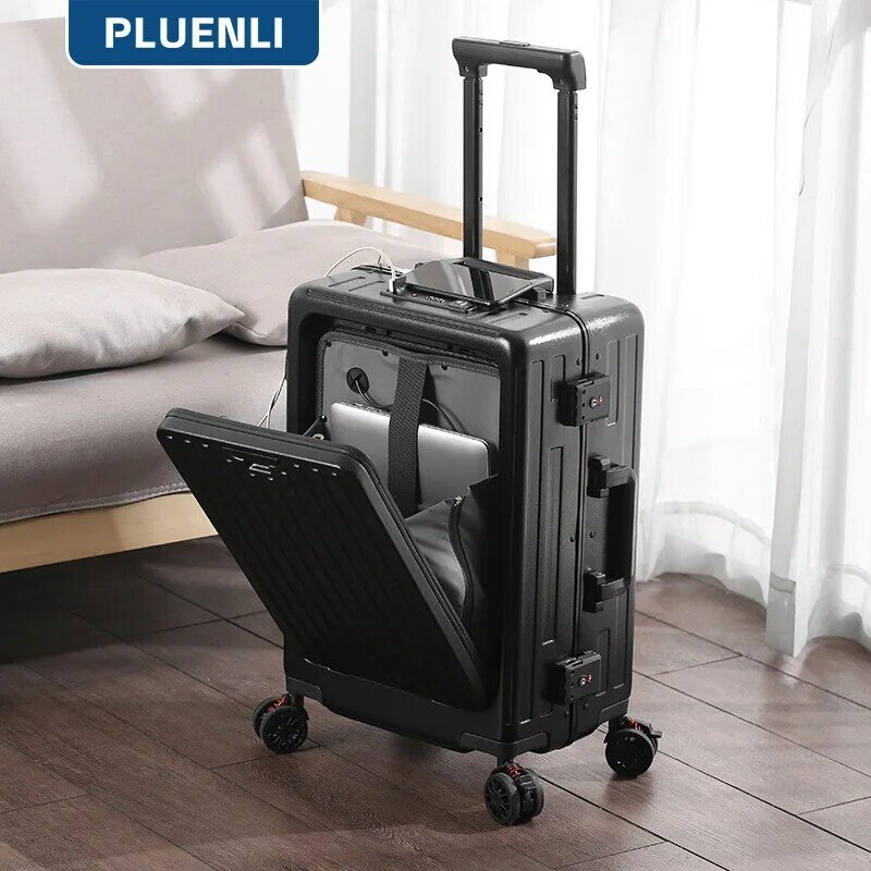 Pluenli Nieuwe Kleine Bagage Hoog Uitziende Aluminium Frame Open Trolley Koffer Koffer Boarding Lederen Wachtwoord Bagage