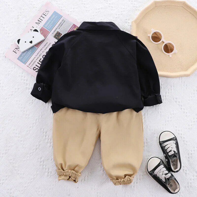 Baby Boy Christmas Outfit Spring Autumn Black Turn-down Collar Pullover Long Sleeve Shirts and Pants 2PCS Boys Infant Clothes
