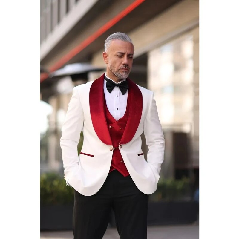 Men Wedding Tuxedos Red Velvet Vest Shawl Lapel Mens Blazer Outfits Business Formal Wear Suits(Jacket+Vest+Pants)
