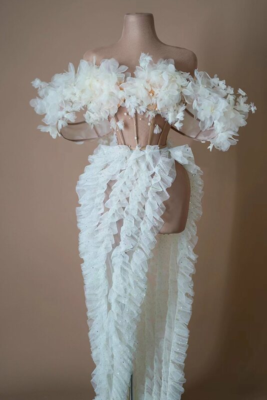 Mulheres elegantes vestidos de noite com flores brancas, sexy fora do ombro, renda frisada, africano, vestidos longos, baomihua