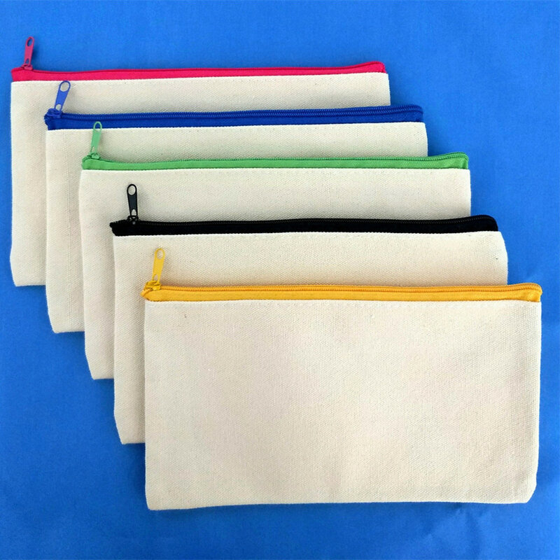 Blank DIY Canvas Bag Cosmetic Makeup Pouches Pencil Zipper Bag Storage Organizer Travel Toiletry School Stationery Supplies
