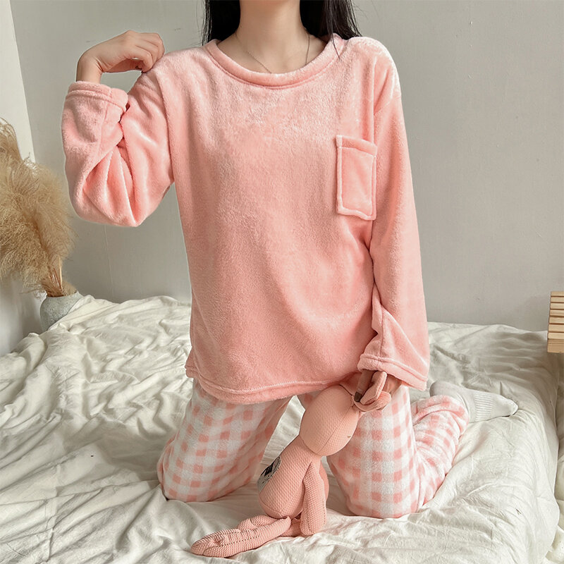 Winter new women's pajamas flannel M-XXL pajamas women's round neck pullover cartoon coral fleece thickened 2-piece home clothes