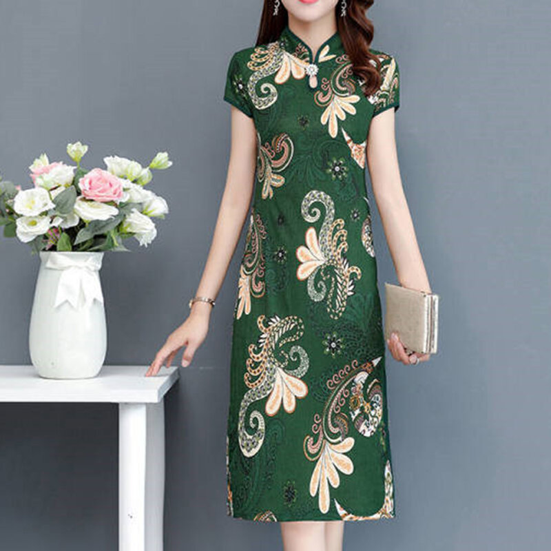 Vestido de cetim estilo nacional chinês feminino, Cheongsam sedoso, Qipao na cintura apertada, bordado floral, gola alta, vintage