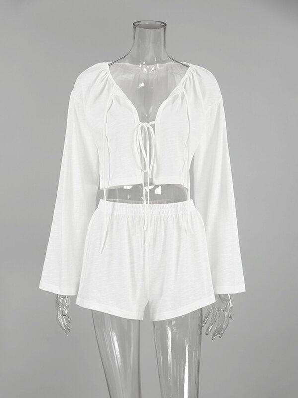 Marthaqiqi bawełniana damska piżama z dekoltem w kształcie litery "o" bielizna nocna z długim rękawem koszula nocna zasznurować krótki top bielizna nocna szorty zestaw piżam damskich