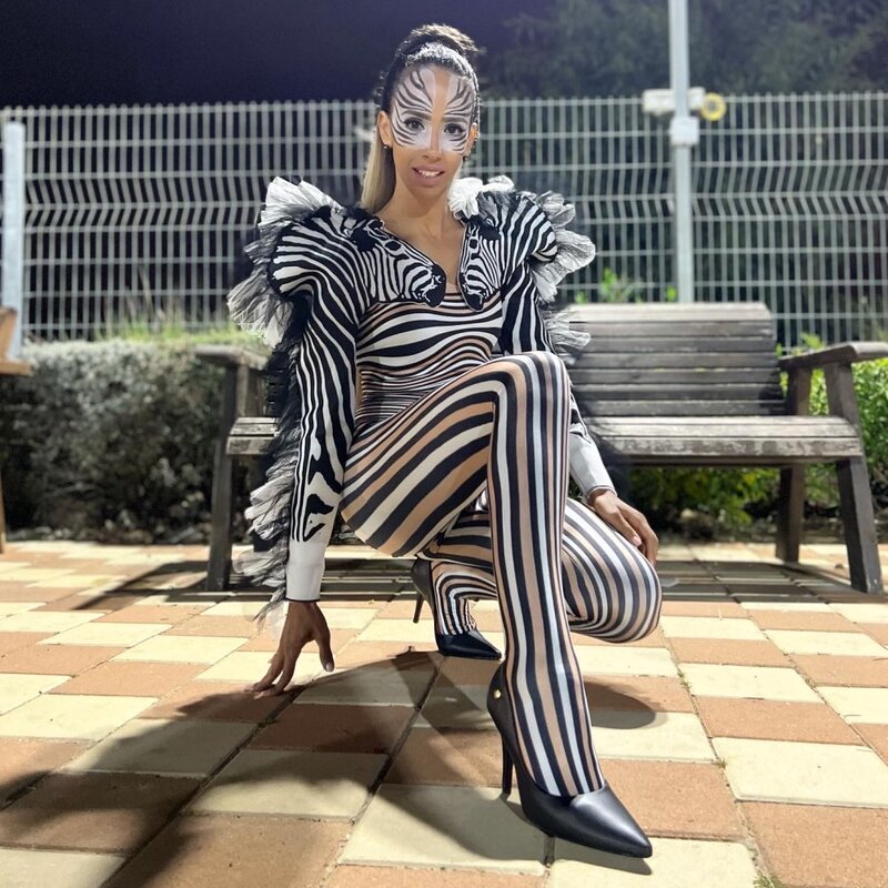 Mode Baru Jumpsuit Pola Zebra Pakaian Panggung Seksi Penyanyi Wanita Bodysuit Cosplay Tari Bar DS Kostum Pertunjukan Pertunjukan