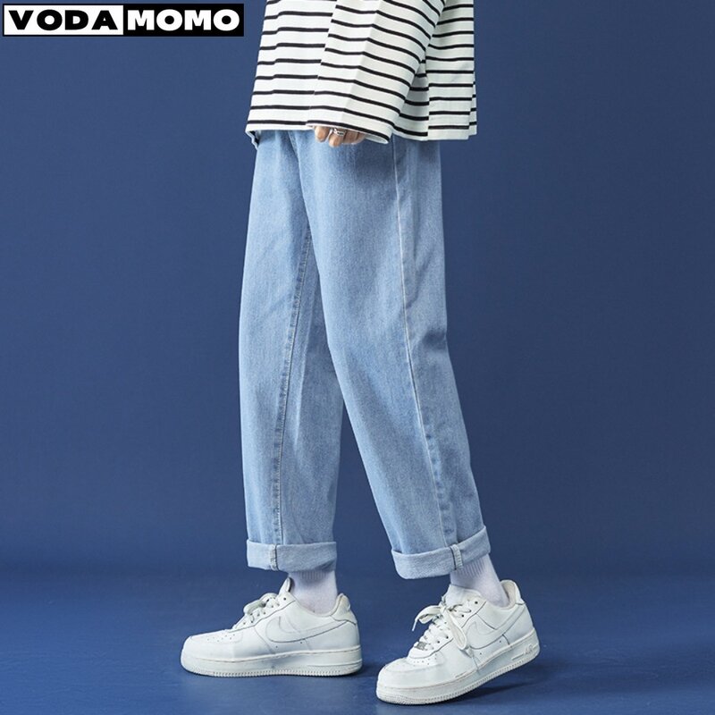 Calça jeans com comprimento esticado no tornozelo masculina, azul claro, algodão, calça jeans justa, pano de marca masculina, moda casual, coreana, nova, 2024
