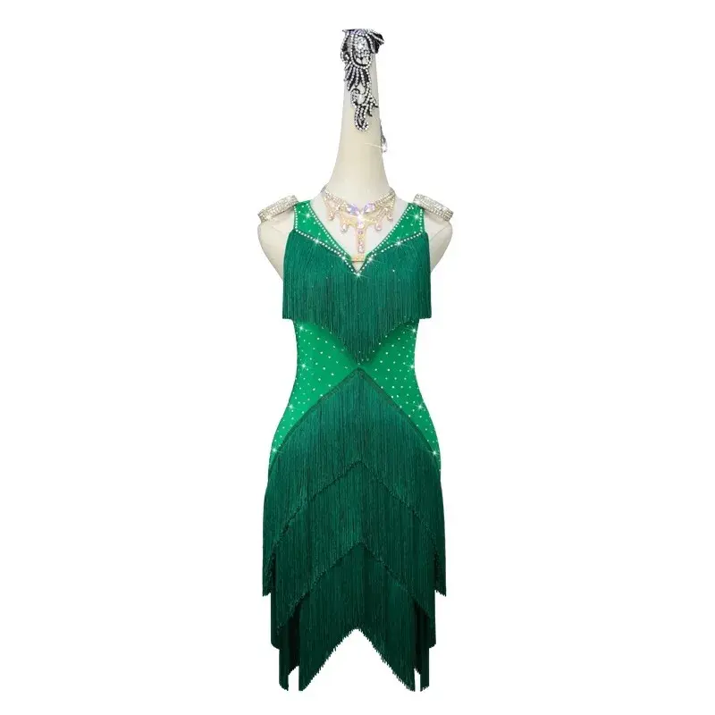 Disfraz de competición de baile latino verde para mujer, Falda corta sin espalda, ropa de práctica de salón, vestido de fiesta de talla grande