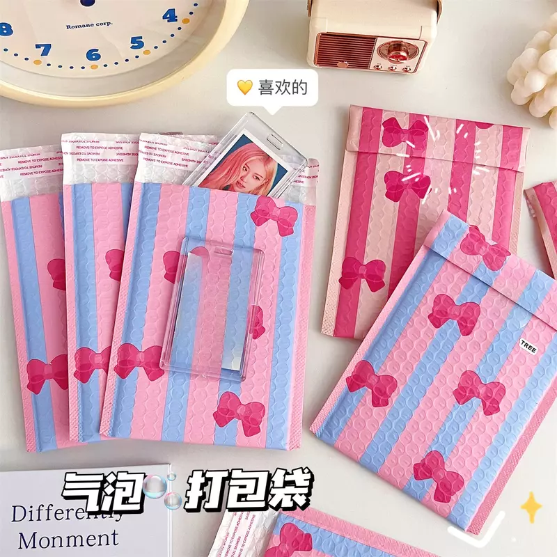 Bolsa de sobre de burbujas con lazo de 10 piezas, sobres acolchados con autosellado, color rosa, para correo y regalos