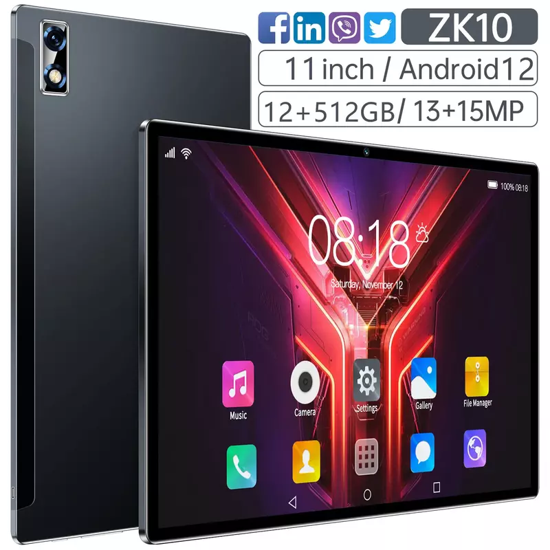 Tablet Android 12 PC Versão Global, 12GB de RAM, 512GB ROM, 4G, 5G, Dual SIM, Chamada Telefônica, GPS, Bluetooth, WiFi, Google, 11"