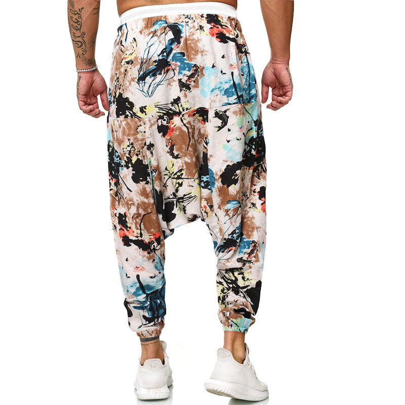 Men‘s Printed Cotton Linen Harem Pants Vintage Hip Hop Baggy Wide Leg Pants Streetwear Boho Trousers