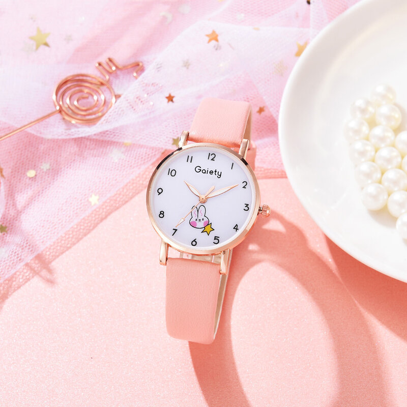 Reloj de pulsera de cuero para Mujer, conjunto de 5 piezas, bonito Conejo, Reloj de cuarzo, regalo para estudiantes