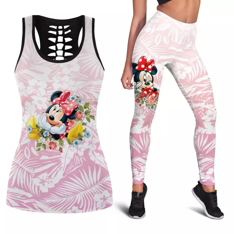 Disney Minnie Mouse Women's Hollow Vest + Women's Leggings Yoga Suit Fitness Leggings Sports Suit Disney Tank Top Legging Set