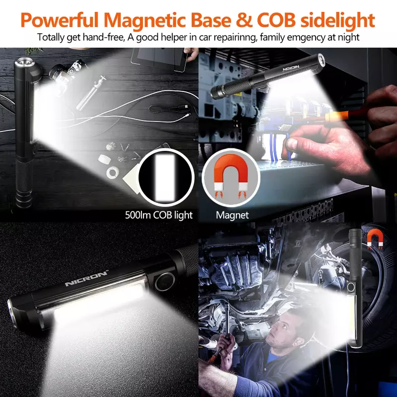 Nicron aluminium schlanke arbeits leuchte ipx4 wasserdichte spot/cob led taschenlampe 500lm starker magnet 3 * aaa batterie für wartung etc.