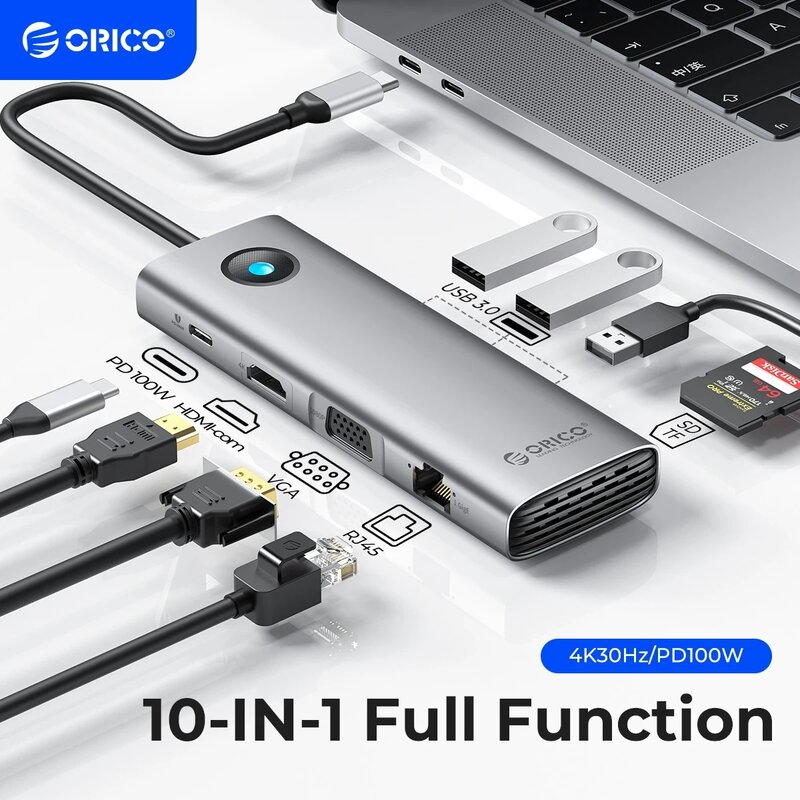 ORICO stasiun Dok Tipe C HUB ke 4K60Hz adaptor USB 3.0 kompatibel HDMI RJ45 PD100W pengisian daya untuk Aksesori Laptop Macbook Pro