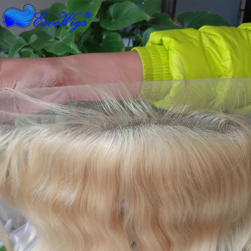 Esewigs Rubio 613 13X4 encaje Frontal onda del cuerpo peruano Remy pelo transparente encaje Frontal Cierre del pelo del bebé nudos blanqueados