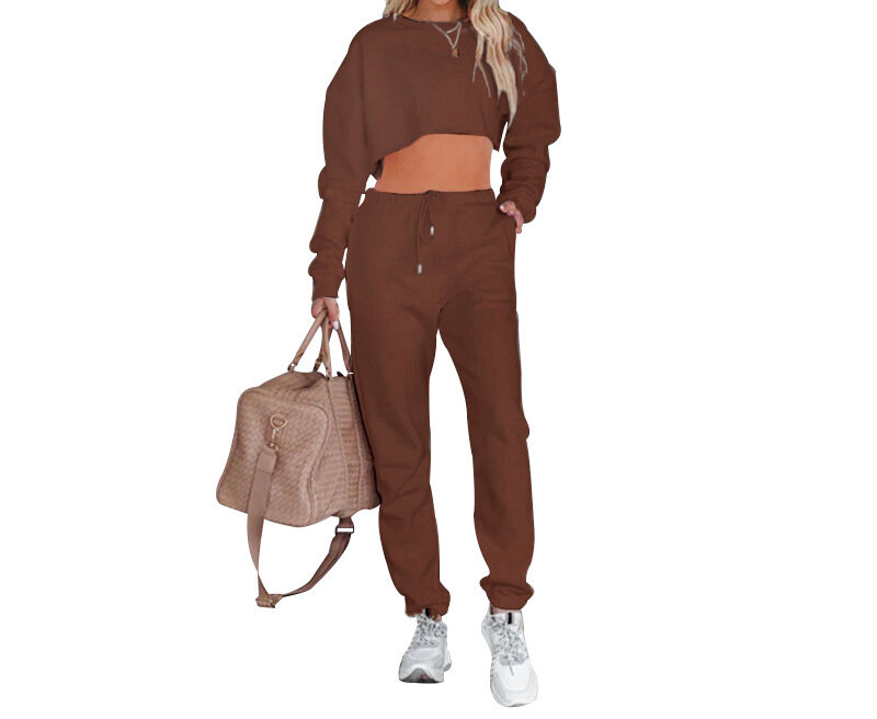 Autumn and Winter New Solid Round Neck Long Sleeve Sweater Women's Fashion Casual Drawstring Trousers Suit Female Top and Pants