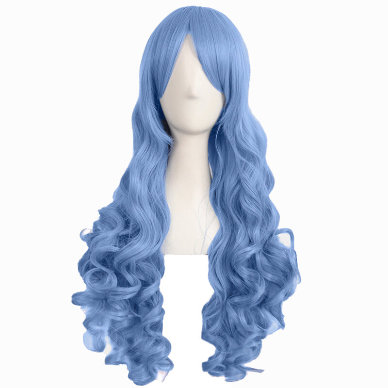 Peruca longa encaracolada Lolita feminina, peruca de aperto Anime, rabo de cavalo duplo, onda grande, azul claro, cabeça cheia