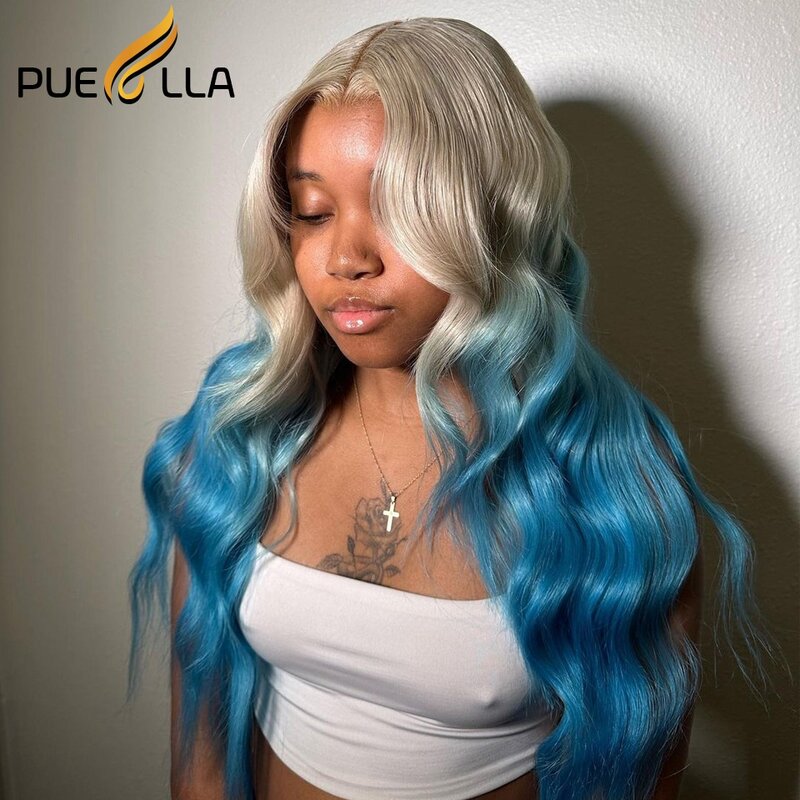 Pré-arrancadas corpo onda peruca dianteira do laço, Ombre Platinum azul cabelo humano perucas, Glueless HD Lace Encerramento peruca, linha fina natural, 13x4, 5x5
