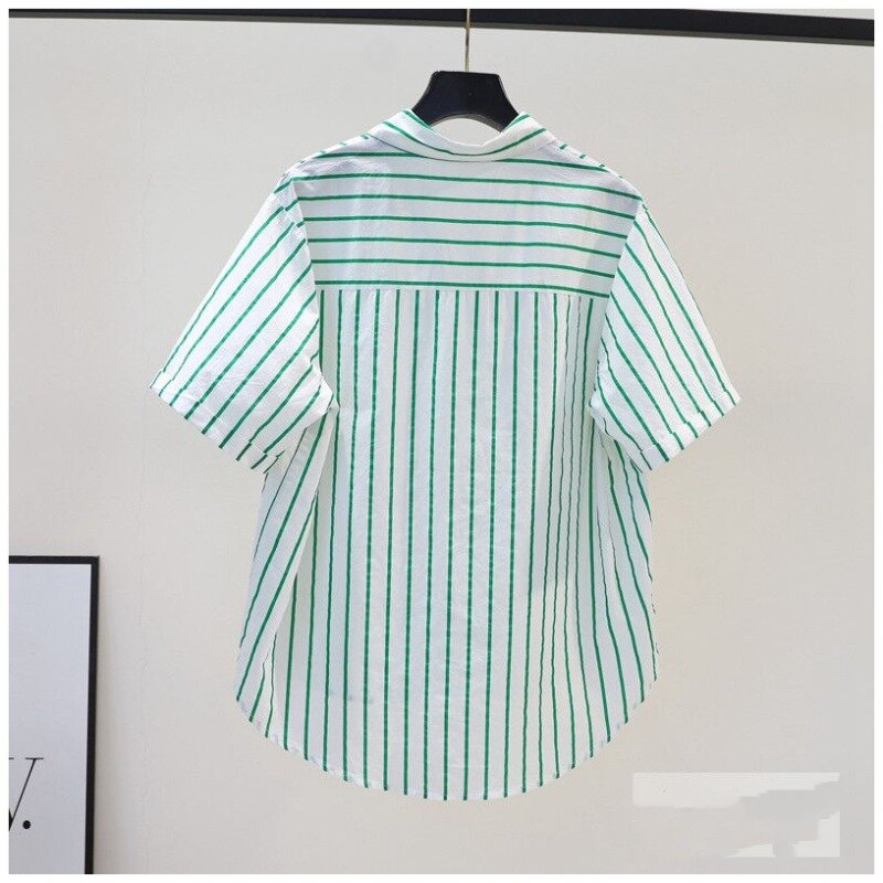 Camisa polo feminina de manga curta, gola fina em retalho, botão solto minimalista casual na moda, algodão puro listrado, verão, 2024