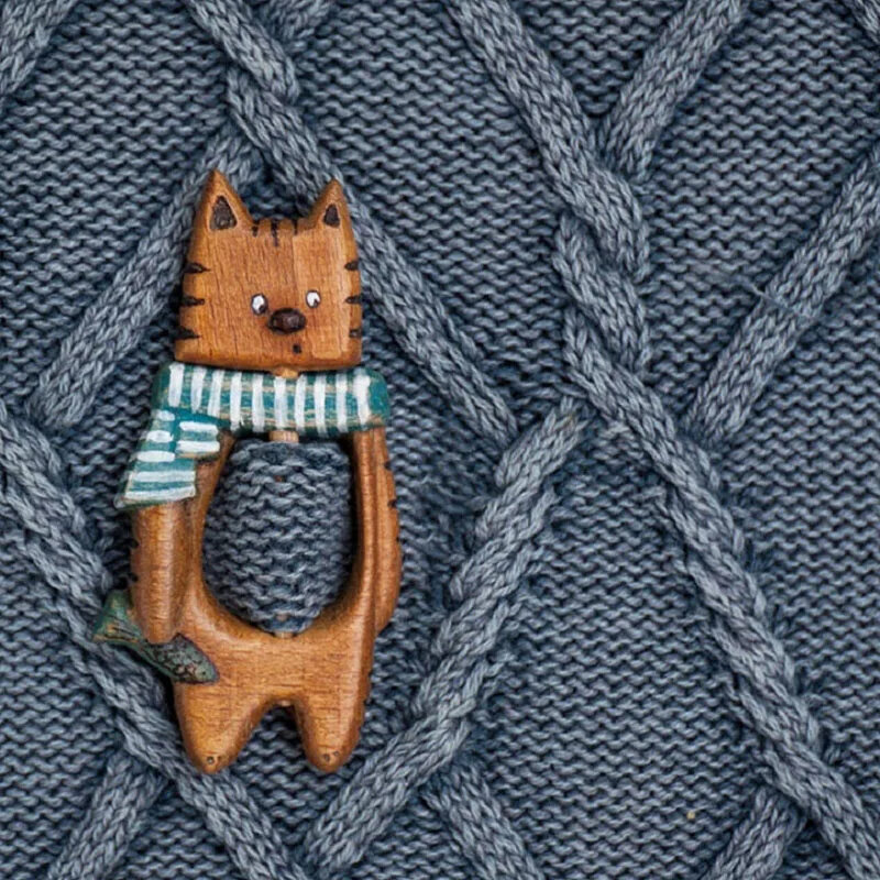 Bros kayu pola hewan kartun DIY lencana kerajinan lucu kucing anjing rubah pohon Xma Pin selendang syal gesper Pin hadiah perhiasan