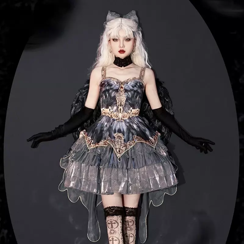 Gaun Halter Lolita antik Victoria Jepang gaun kue lapis abu-abu Harajuku Y2k gaya Gotik untuk wanita imut