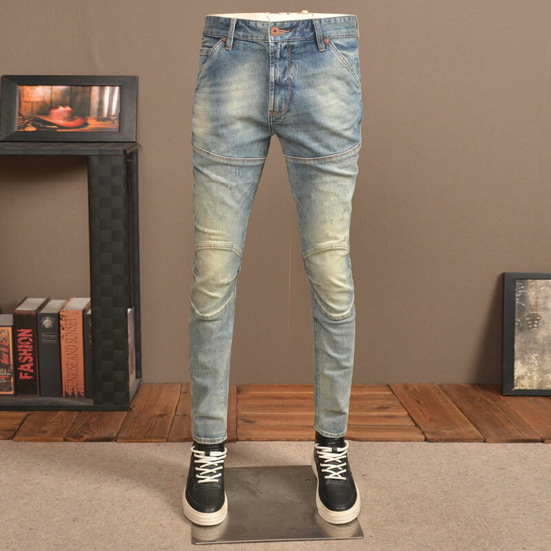 High Street Fashion celana Jeans Retro pria, celana Denim Hip Hop desainer Vintage Slim Fit biru elastis bisa dicuci, celana Jeans pengendara sepeda motor