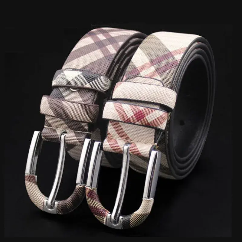2024 New Youth Couple Checkered Men's and Women's Leisure Needle Buckle Belt with Leather Button Fashionable Business Belt