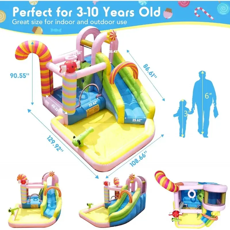 Inflatable Bounce House Water Slide, 6 in 1 Sweet Candy Water Park, Wet Dry Combo Bouncy Castle with 450W Blower, Splash Pool, W