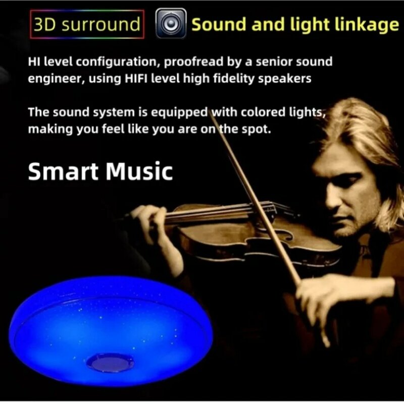 Música Circular Luz de teto LED com controle remoto, RGB Dimming Light, Quarto inteligente e decoração da sala, Bluetooth App