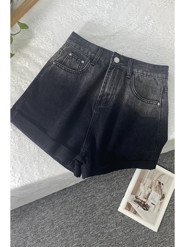 Shorts pretos de cintura alta femininos, shorts vintage largos, calça curta de Harajuku, moda casual, moda verão, Y2k